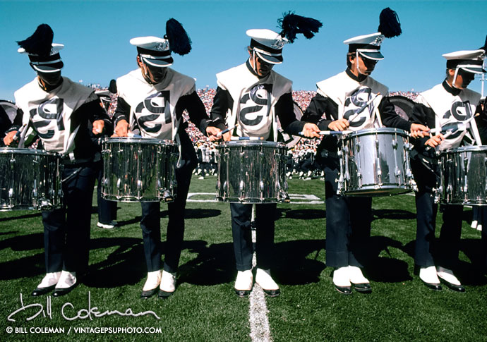 a line of blue band drum players 1984