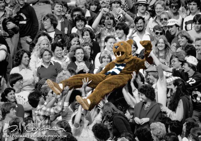 nittany lion mascot being lifted above the crowd